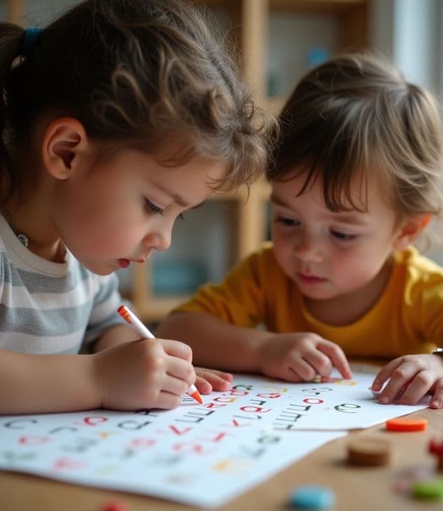 Dos niños pequeños haciendo actividades cognitivas juntos