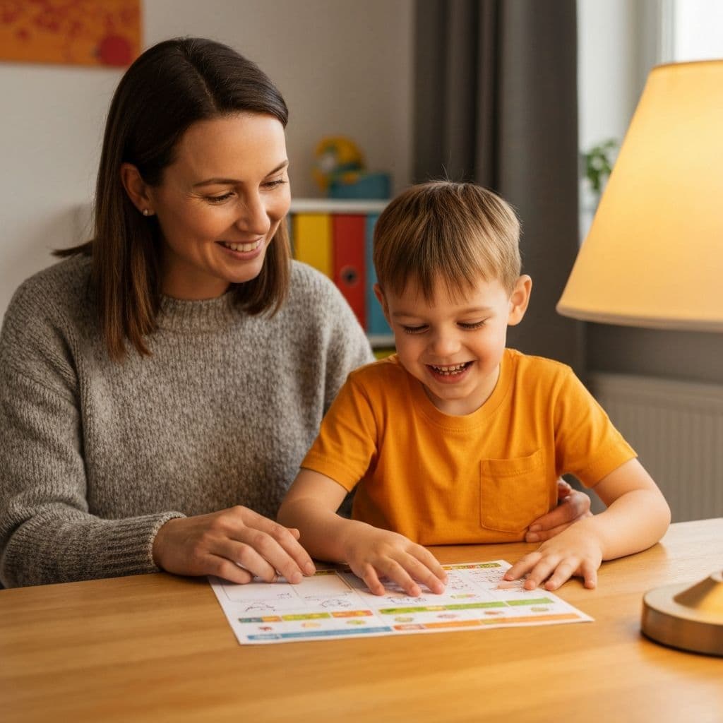 Madre guiando a su hijo a través de actividades imprimibles