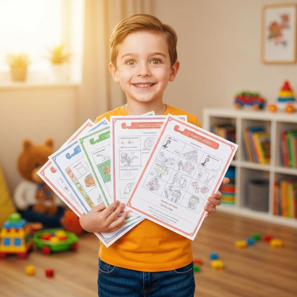Niño mostrando con orgullo sus actividades completadas